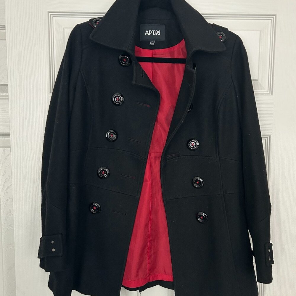 APT. 9 Black Wool Blend Double Breasted Coat Women’s Small Red Lining